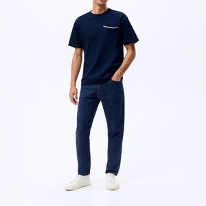 ZARA Mens Navy Short Sleeve Knit Crew Contrast Chest Pocket Top Minimalist Sz M